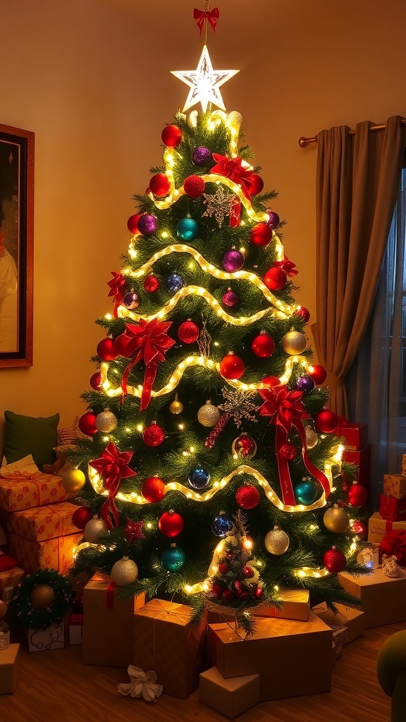 Christmas Tree Decoration Ideas A festive Christmas tree decorated with lights and ornaments, surrounded by gifts.